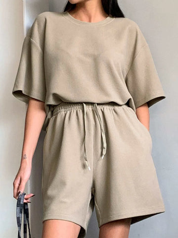 DAZY Waffle Knit Drop Shoulder Tee & Drawstring Waist Shorts