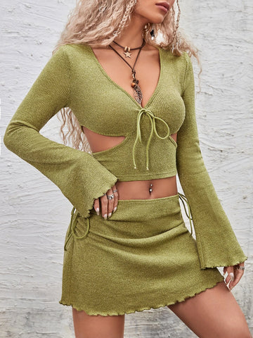 ICON Lettuce Trim Cutout Tie Front Crop Top & Ruched Side Skirt