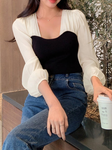 DAZY Two Tone Lantern Sleeve Blouse