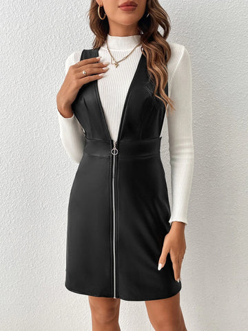 Zip Up PU Overall Dress Without Sweater