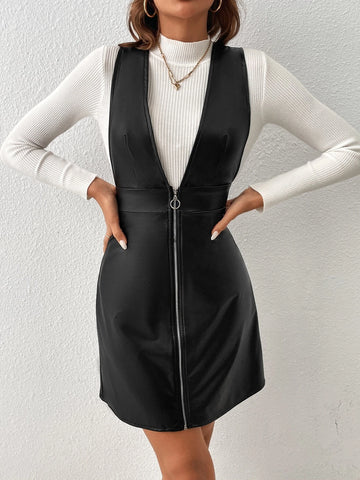 Zip Up PU Overall Dress Without Sweater