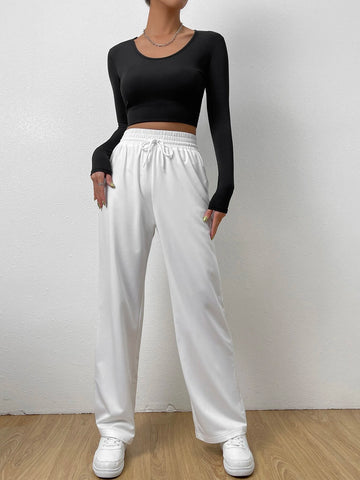 SXY Elastic Waist Tie Front Straight Leg Pants