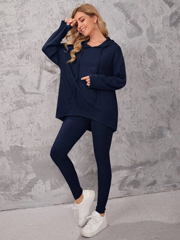 Drop Shoulder Ribbed Hooded Top & Leggings Set