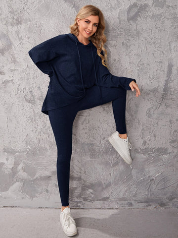 Drop Shoulder Ribbed Hooded Top & Leggings Set