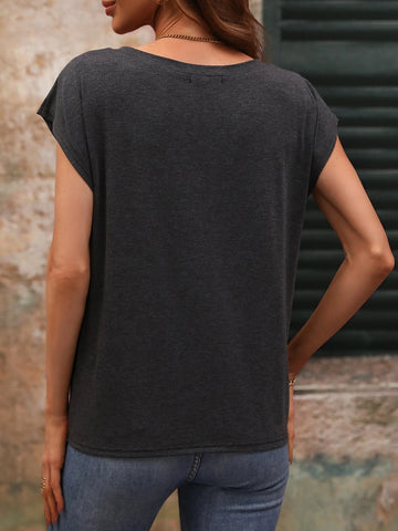 Solid Notched Neck Batwing Sleeve Tee