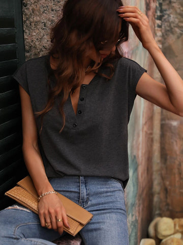 Solid Notched Neck Batwing Sleeve Tee