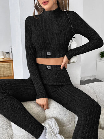 Letter Patched Detail Mock Neck Crop Tee & Leggings