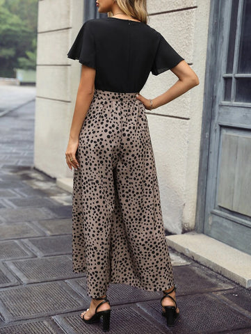 Dalmatian Print Butterfly Sleeve Belted Wide Leg Jumpsuit