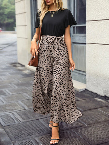 Dalmatian Print Butterfly Sleeve Belted Wide Leg Jumpsuit