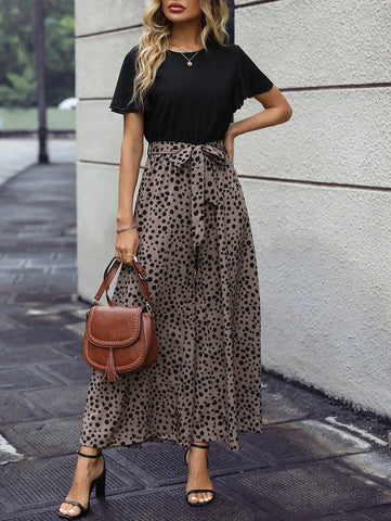 Dalmatian Print Butterfly Sleeve Belted Wide Leg Jumpsuit