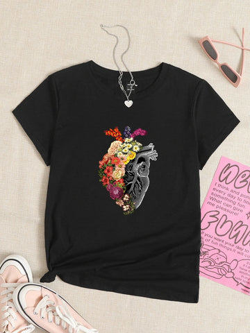 Floral & Heart Print Tee