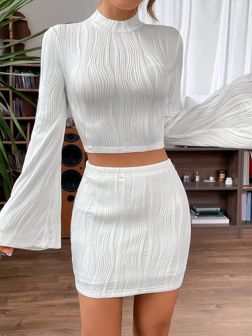 EZwear Mock Neck Flounce Sleeve Crop Top & Bodycon Skirt