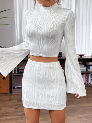 EZwear Mock Neck Flounce Sleeve Crop Top & Bodycon Skirt