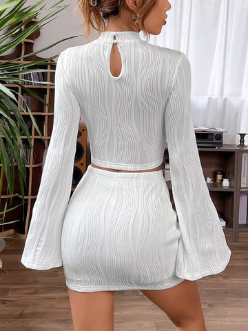 EZwear Mock Neck Flounce Sleeve Crop Top & Bodycon Skirt