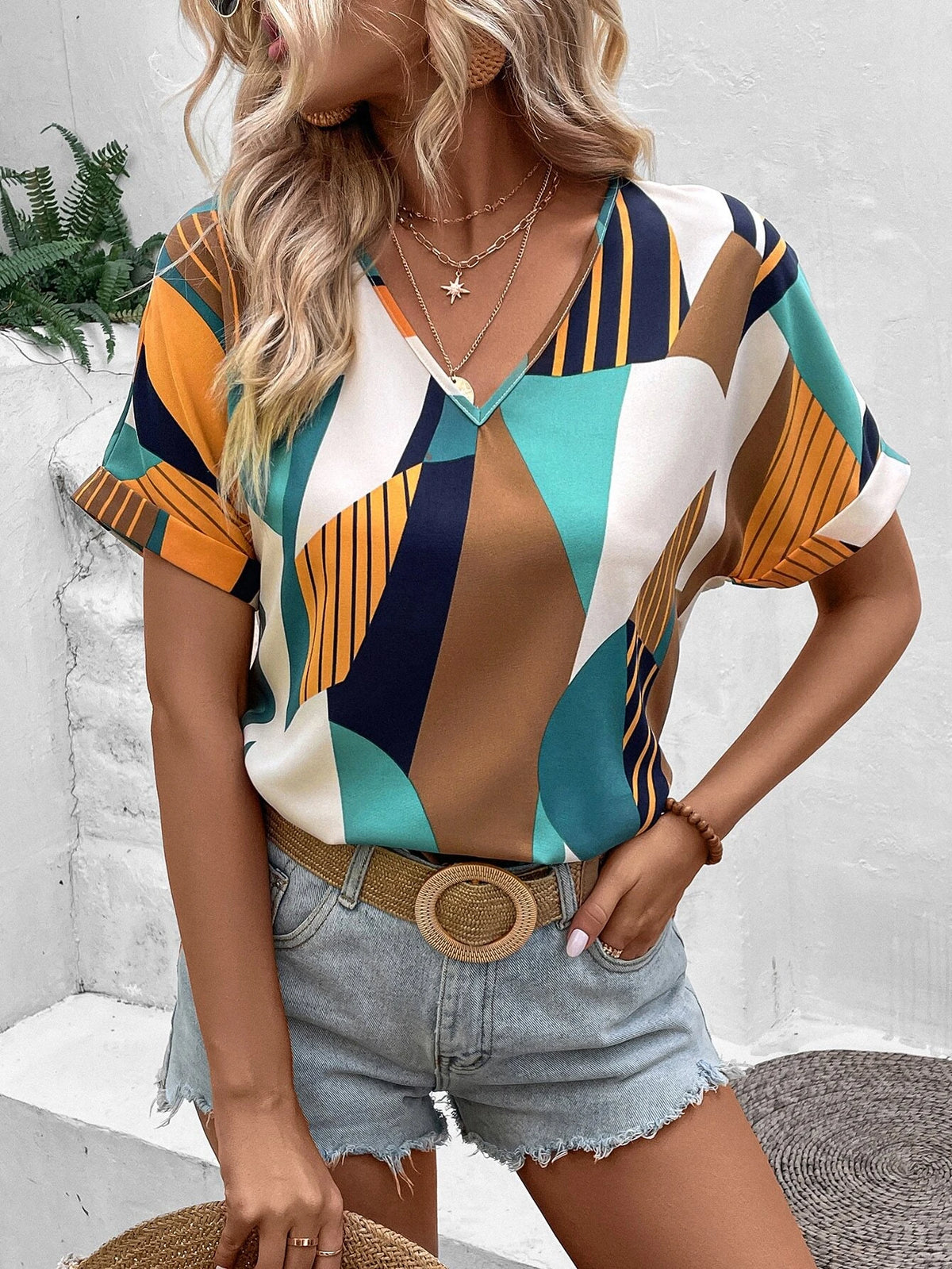 Striped & Geo Print Batwing Sleeve Blouse