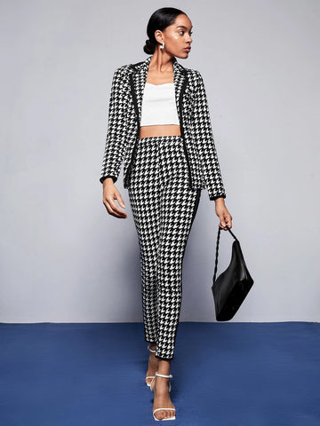 BIZwear Houndstooth Print Blazer & Pants Suit Set