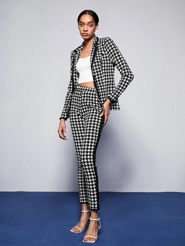BIZwear Houndstooth Print Blazer & Pants Suit Set