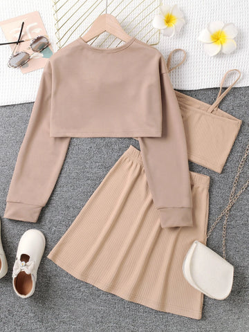 Girls High Low Super Crop Sweatshirt & Heart Print Cami Top & Skirt