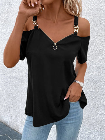 Chain Detail Cold Shoulder O-ring Zipper Front Blouse