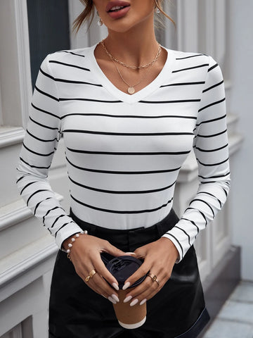 Striped Print V Neck Bodysuit