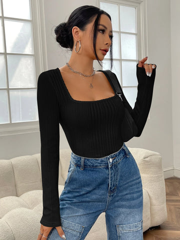 Square Neck Ribbed Knit Tee