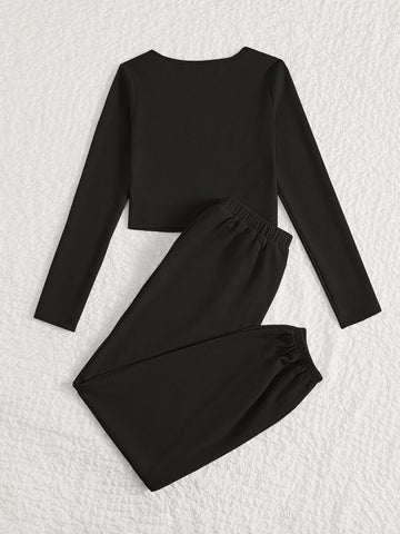 EZwear Letter Patched Detail Scoop Neck Crop Tee & Pants