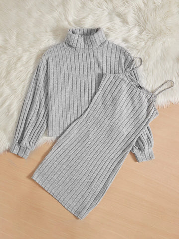 Turtleneck Drop Shoulder Tee & Skirt