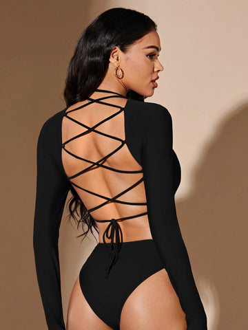 BAE Lace Up Backless Solid Bodysuit
