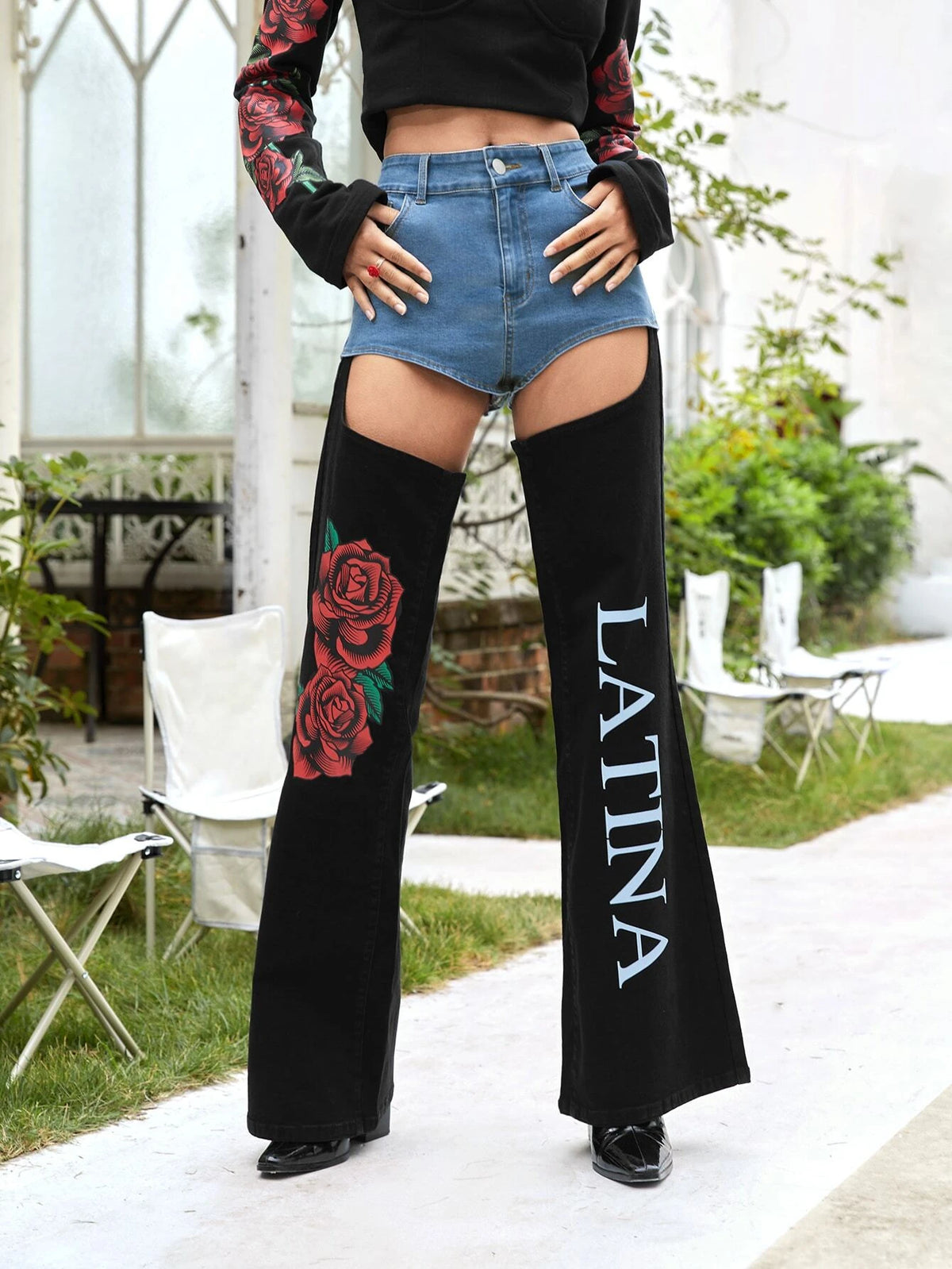 Floral & Letter Graphic Cut Out Jeans