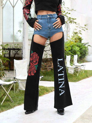Floral & Letter Graphic Cut Out Jeans