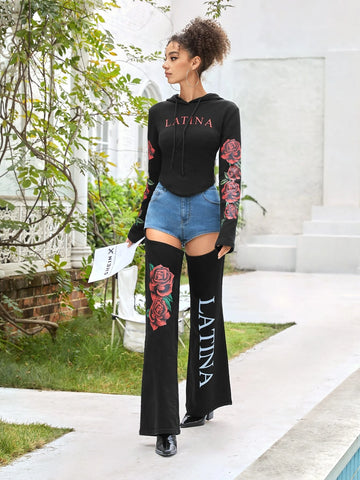 Floral & Letter Graphic Cut Out Jeans
