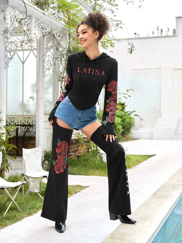 Floral & Letter Graphic Cut Out Jeans