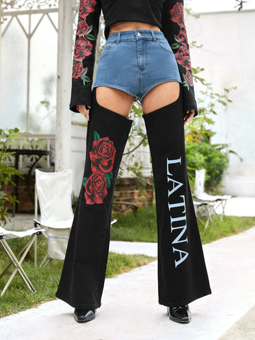 Floral & Letter Graphic Cut Out Jeans