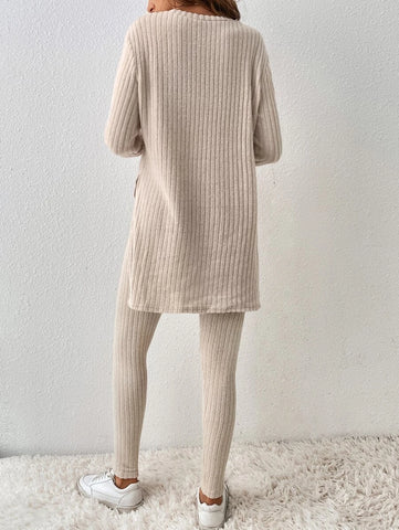 Contrast Lace Ribbed Knit Split Hem Tee & Leggings