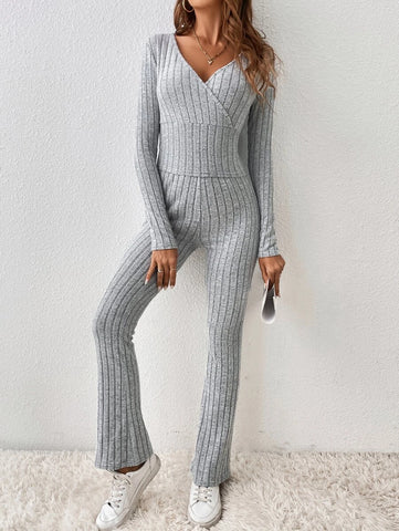 Surplice Neck Tee & Flare Leg Pants