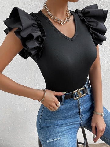 Solid Rib Knit Layered Sleeve Bodysuit