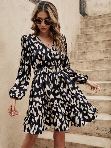 Allover Print Lantern Sleeve Ruffle Hem Belted Dress