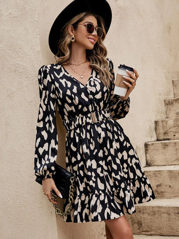 Allover Print Lantern Sleeve Ruffle Hem Belted Dress