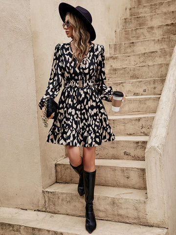 Allover Print Lantern Sleeve Ruffle Hem Belted Dress