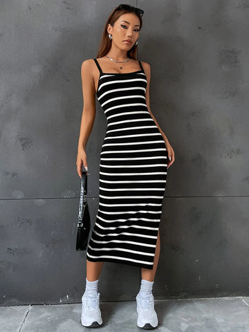 Striped Split Thigh Cami Dress