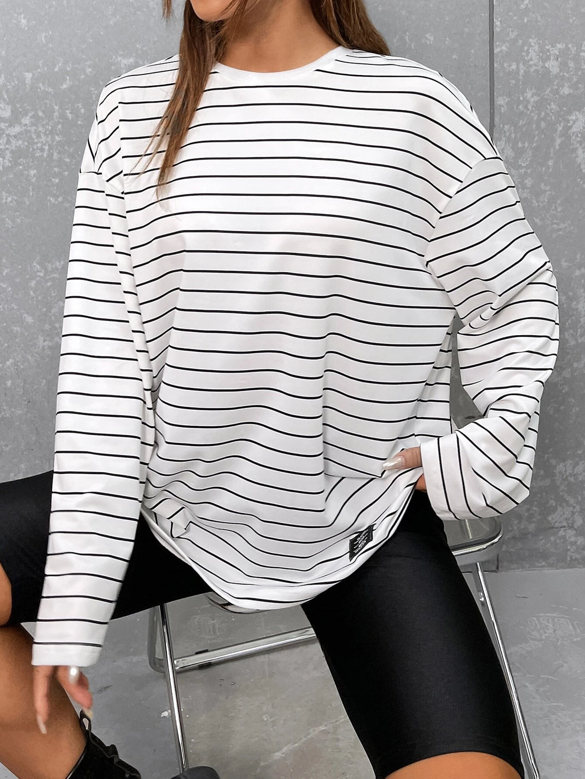 EZwear Striped Print Patched Detail Drop Shoulder Tee
