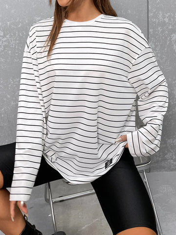 EZwear Striped Print Patched Detail Drop Shoulder Tee