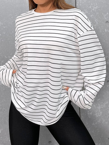 EZwear Striped Print Patched Detail Drop Shoulder Tee