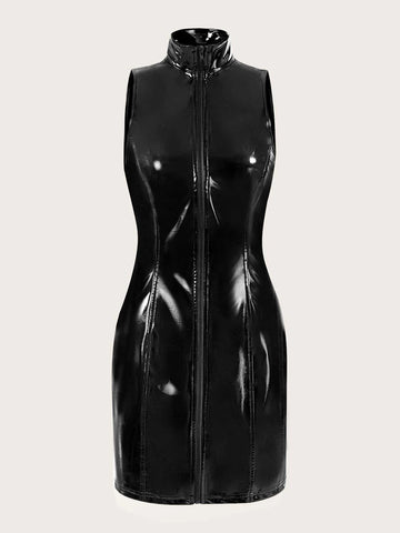 Zip Up PU Leather Bodycon Dress