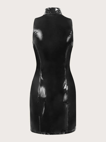 Zip Up PU Leather Bodycon Dress