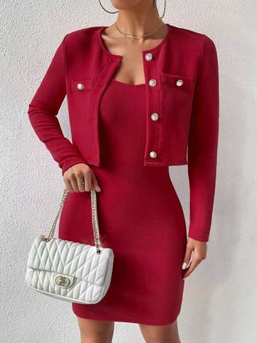 Solid Cami Bodycon Dress & Button Front Jacket