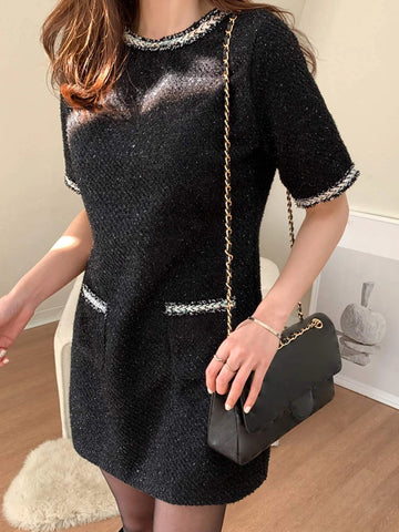 DAZY Contrast Trim Pocket Front Tweed Dress