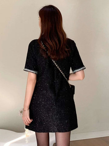 DAZY Contrast Trim Pocket Front Tweed Dress