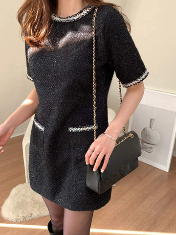 DAZY Contrast Trim Pocket Front Tweed Dress