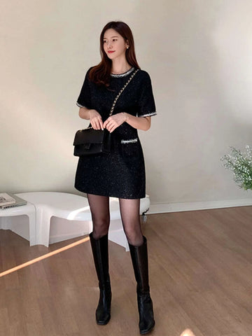 DAZY Contrast Trim Pocket Front Tweed Dress
